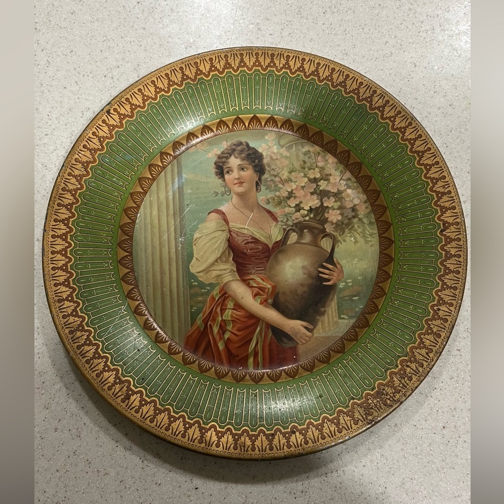 Vintage Decorative Plate with Woman and Vase